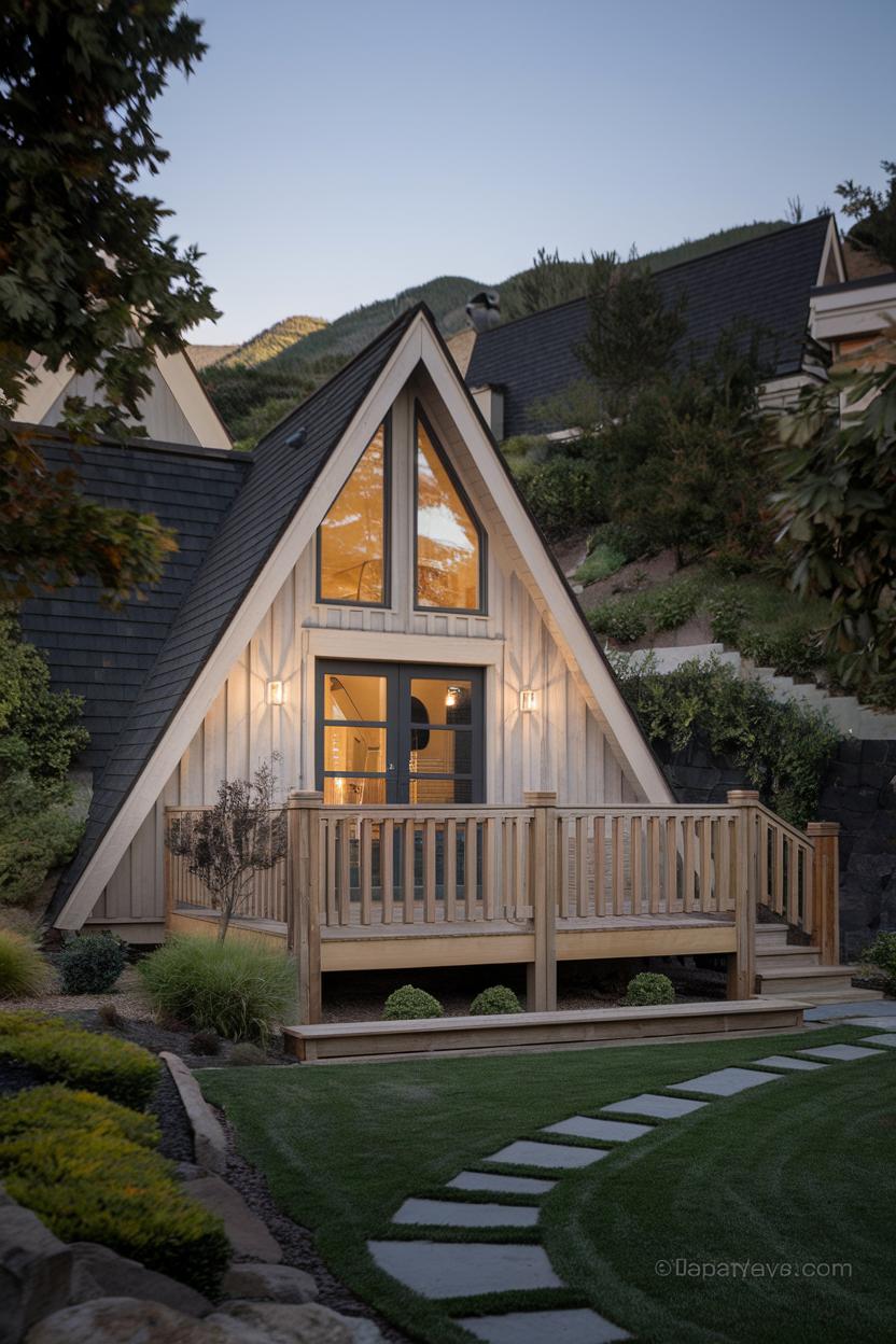 A-frame cabin with porch and green surroundings