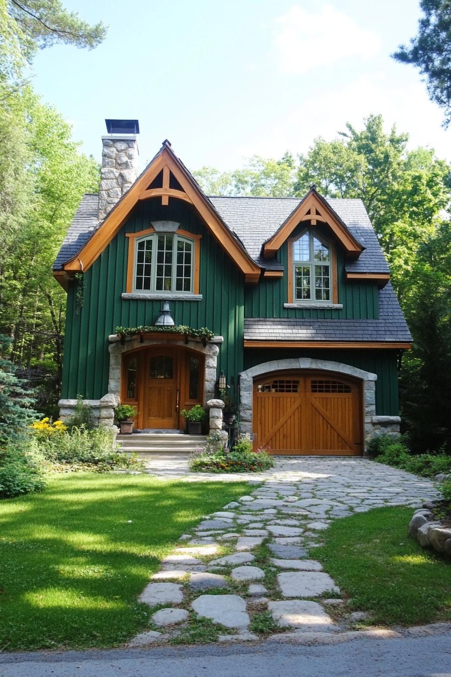 Charming cottage with a green facade and stone accents