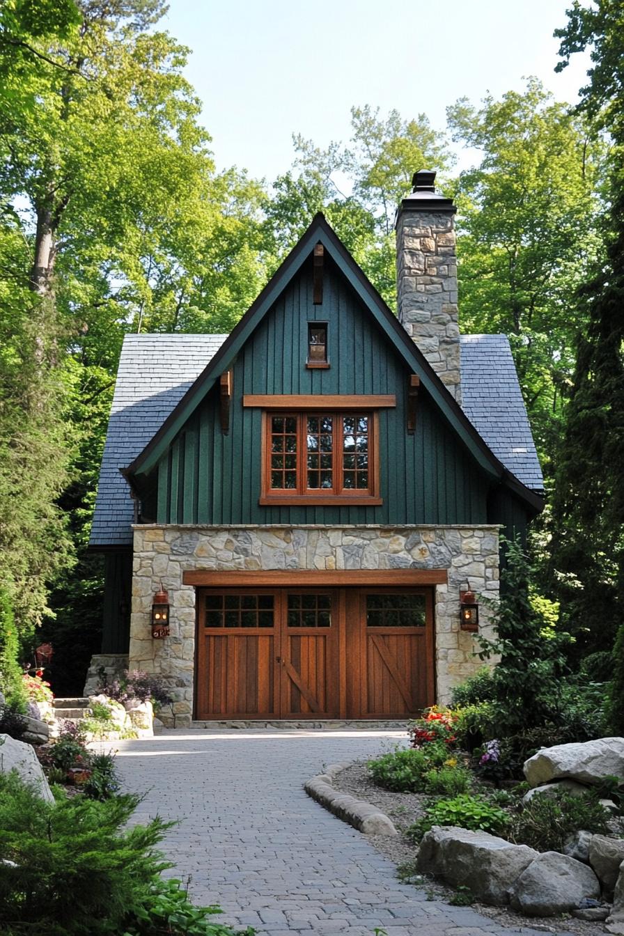 Charming stone house with green accents and wooden garage doors