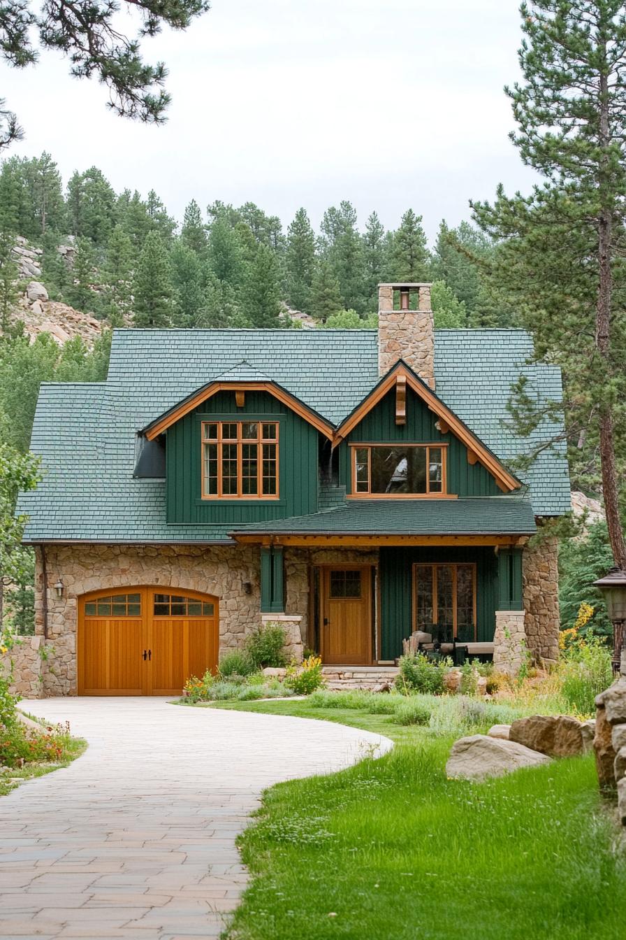 Charming stone cottage with green accents and arched garage in a wooded setting