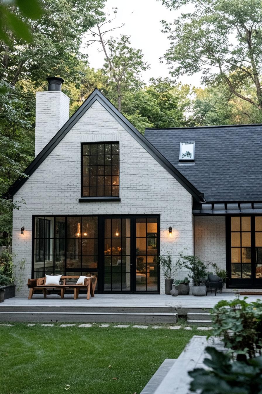 Charming white brick house with large black-framed windows in a lush forest setting