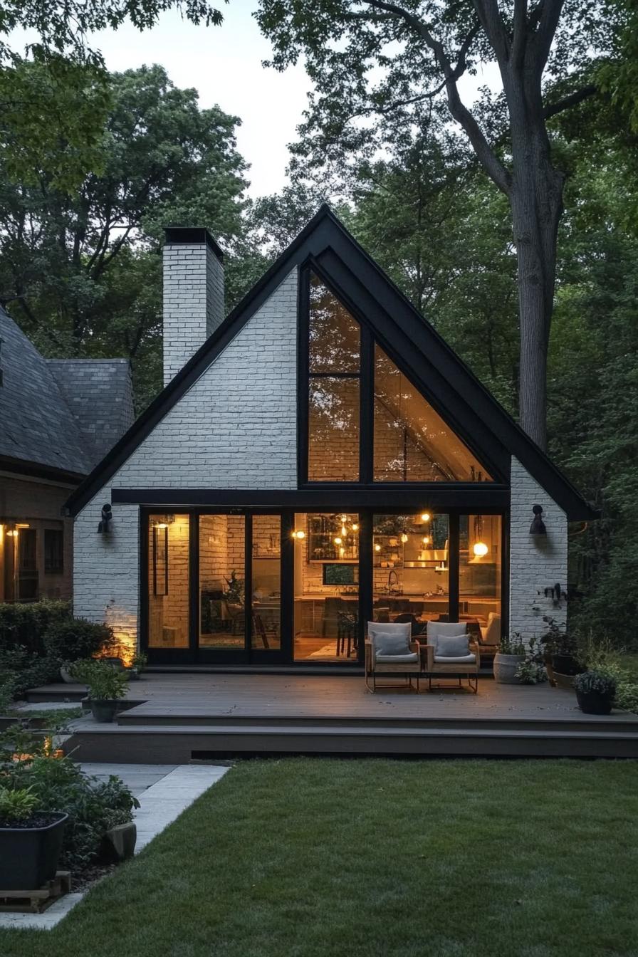 Cozy A-frame cabin with warm interior lighting