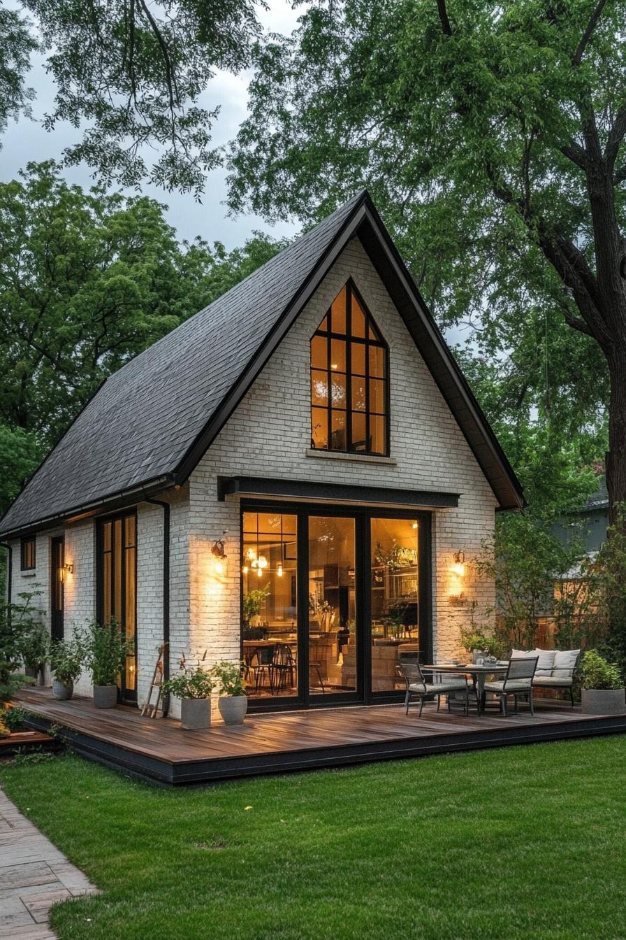 Cozy white A-frame house with deck and garden