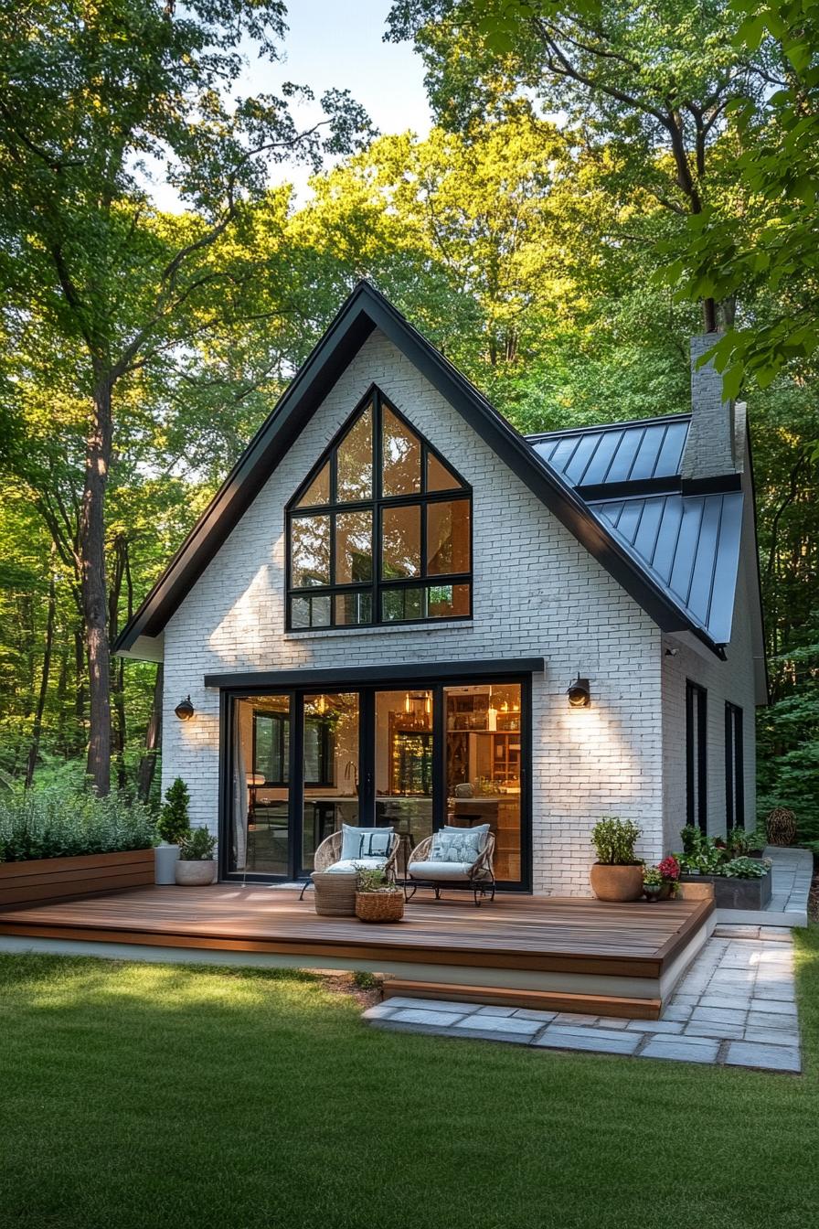 Small modern cabin with a sharp gable roof surrounded by tall trees