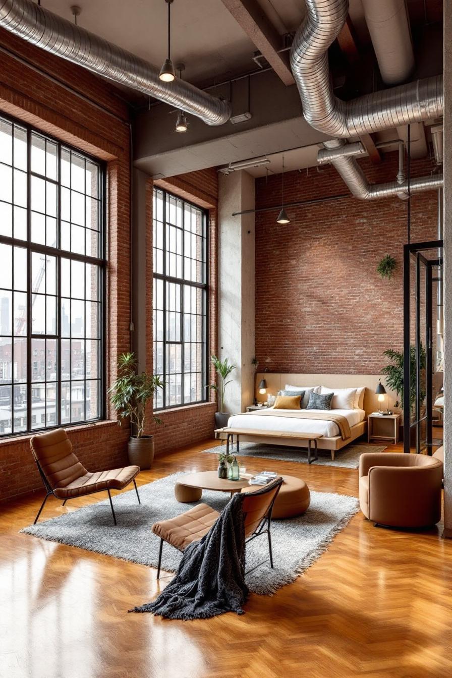 Cozy loft with large windows and exposed brick