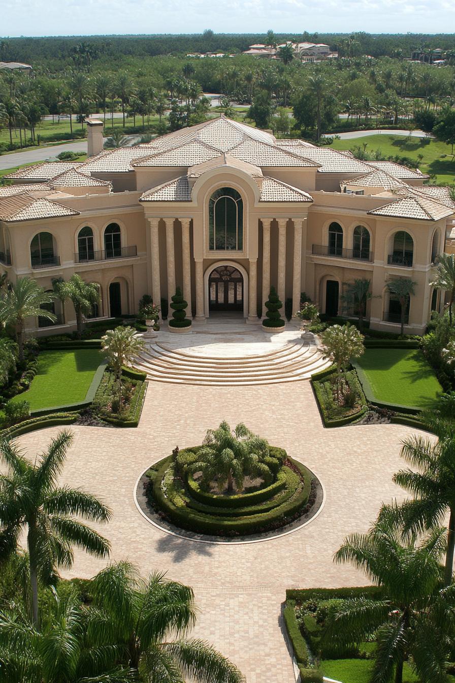 Grand mansion with a circular driveway and lush gardens