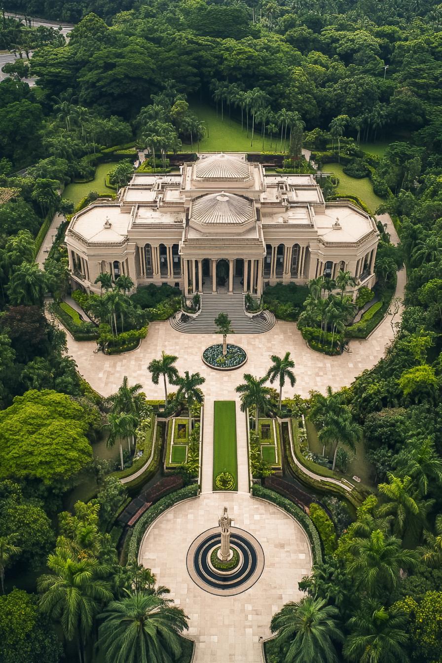 Aerial view of a grand mansion surrounded by lush foliage