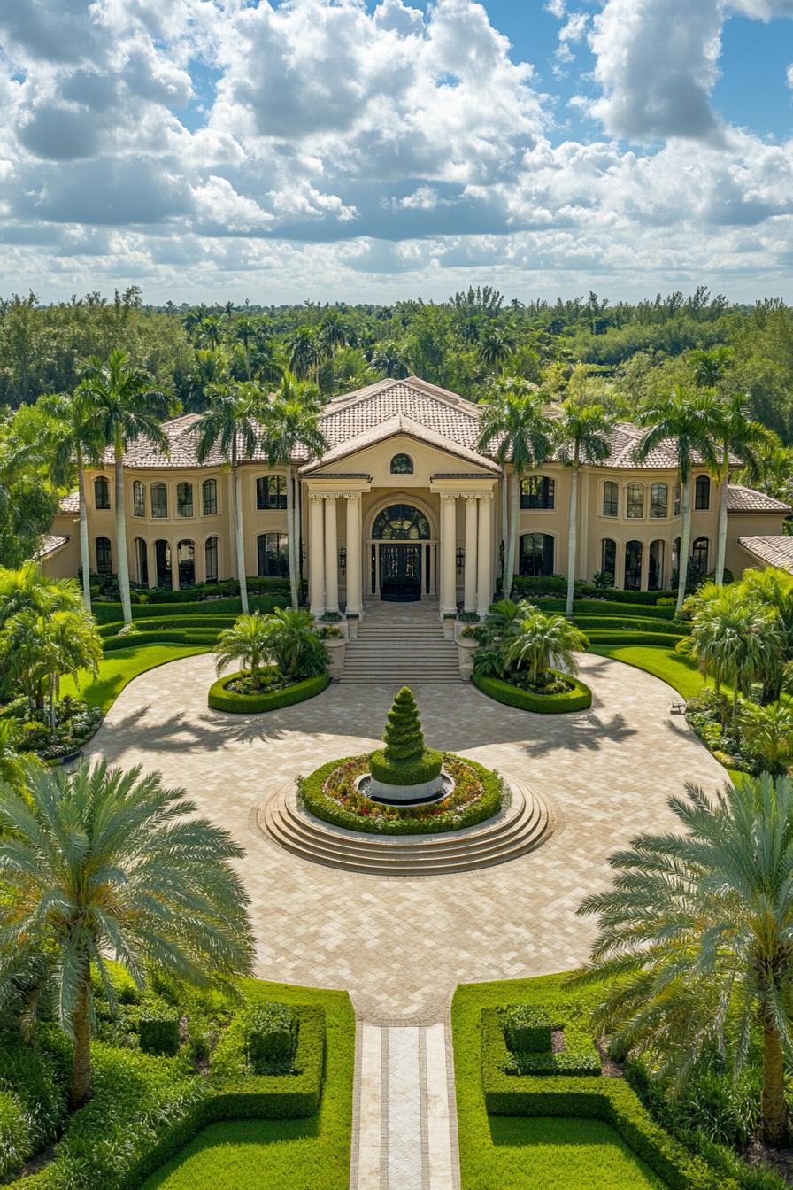 Expansive mansion surrounded by palm trees and a circular driveway