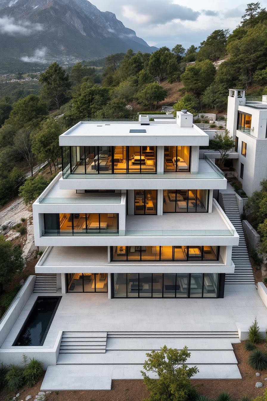 Modern concrete mansion with large windows and a mountain backdrop