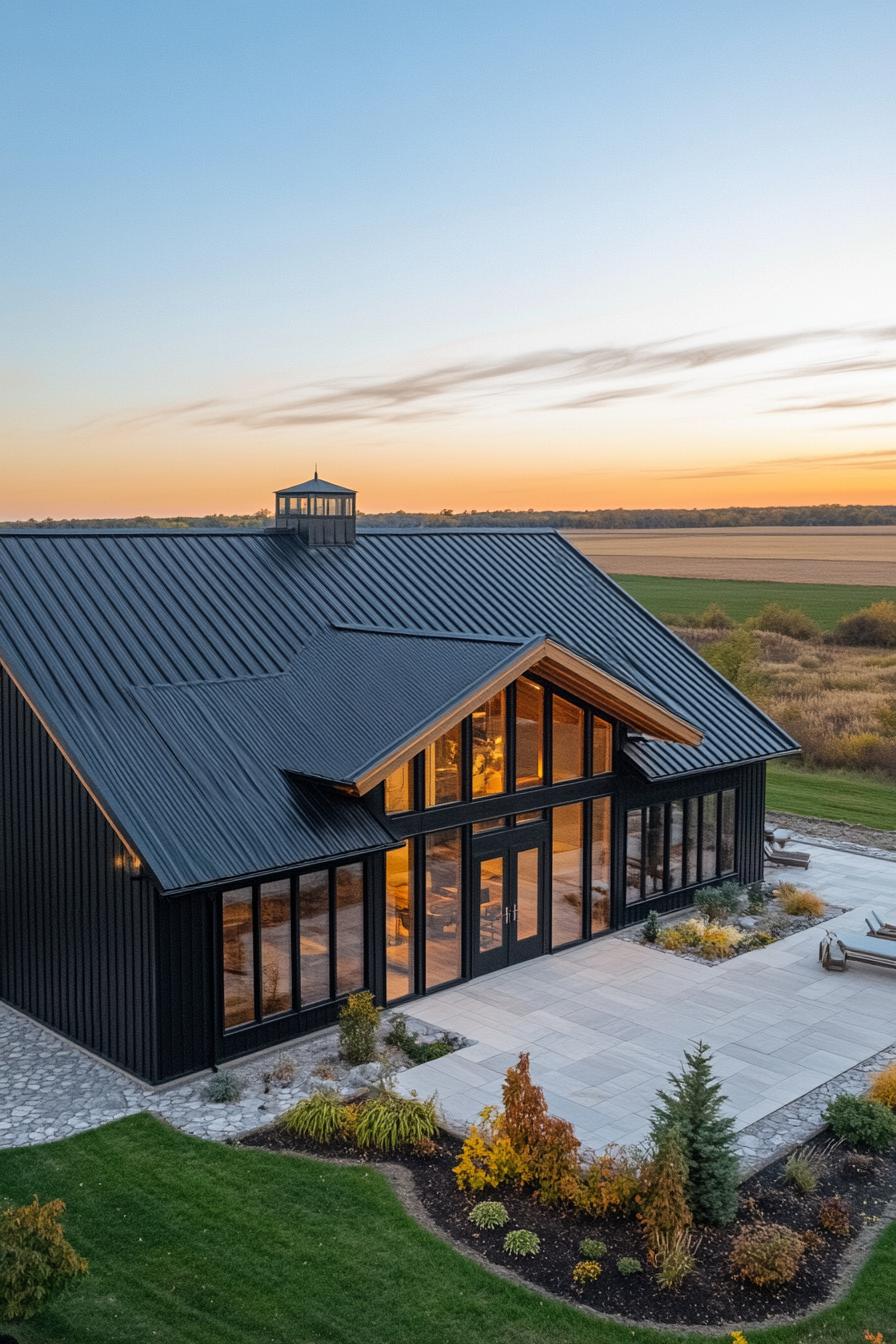 Ranch-style house with black metal roof and large windows