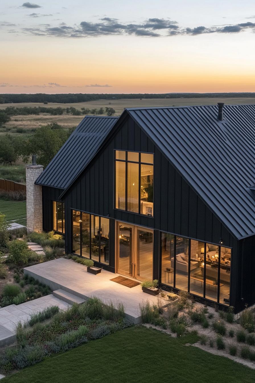 Contemporary ranch house against sunset backdrop