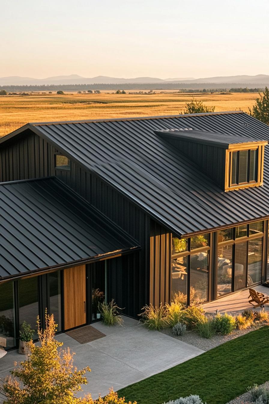 Ranch-style home with dark metal roof and large windows