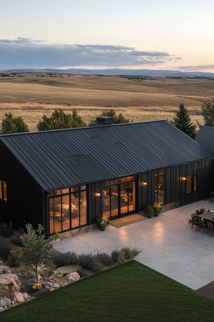 Modern ranch house with expansive windows and metal roof