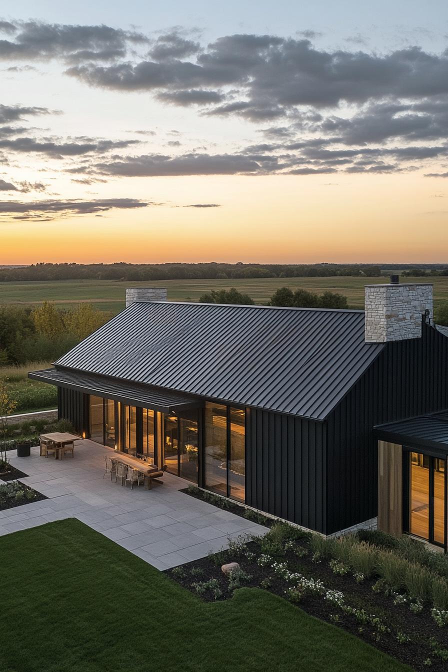 Modern ranch house with sunset and open fields