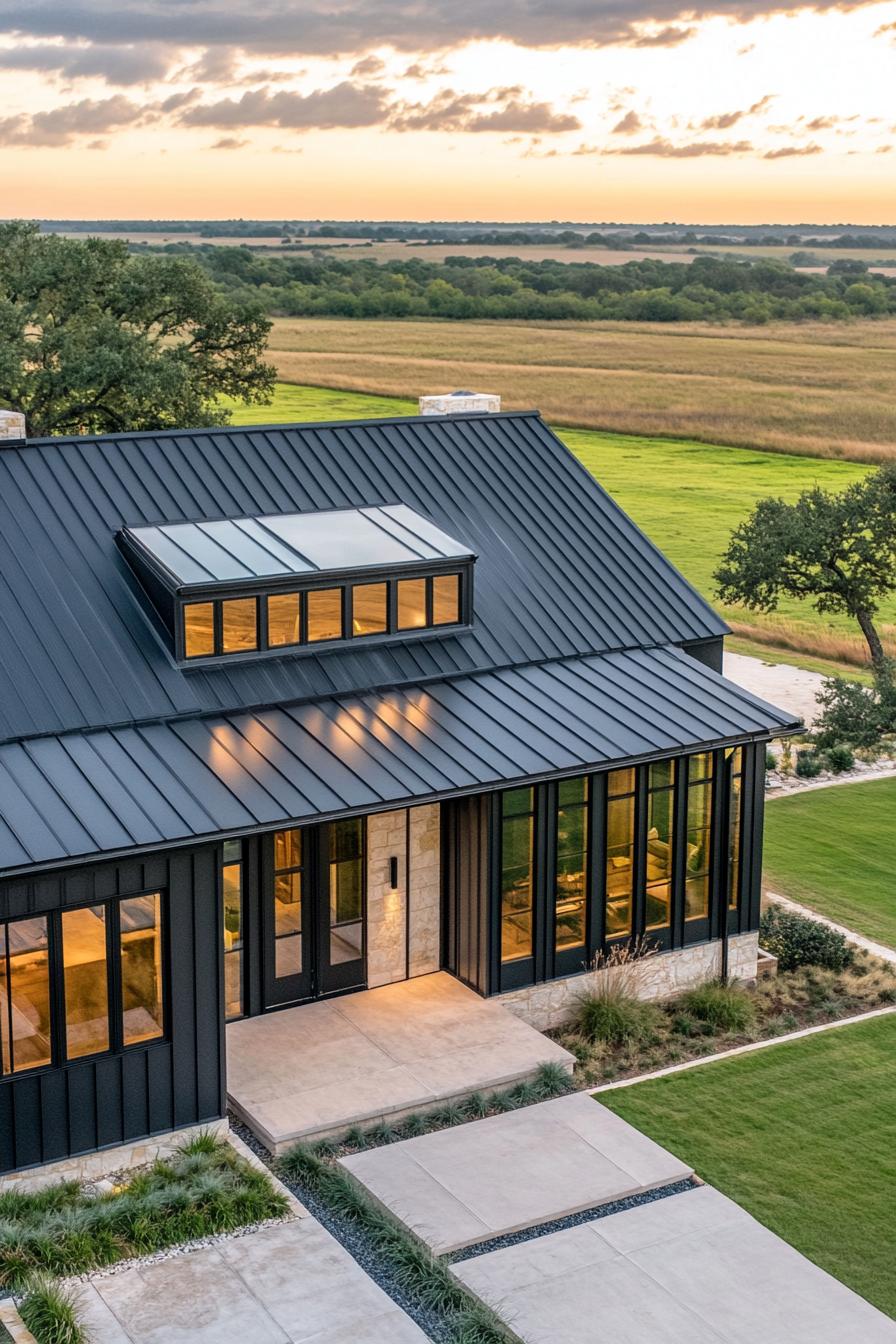 Modern ranch house with black metal roof and large windows