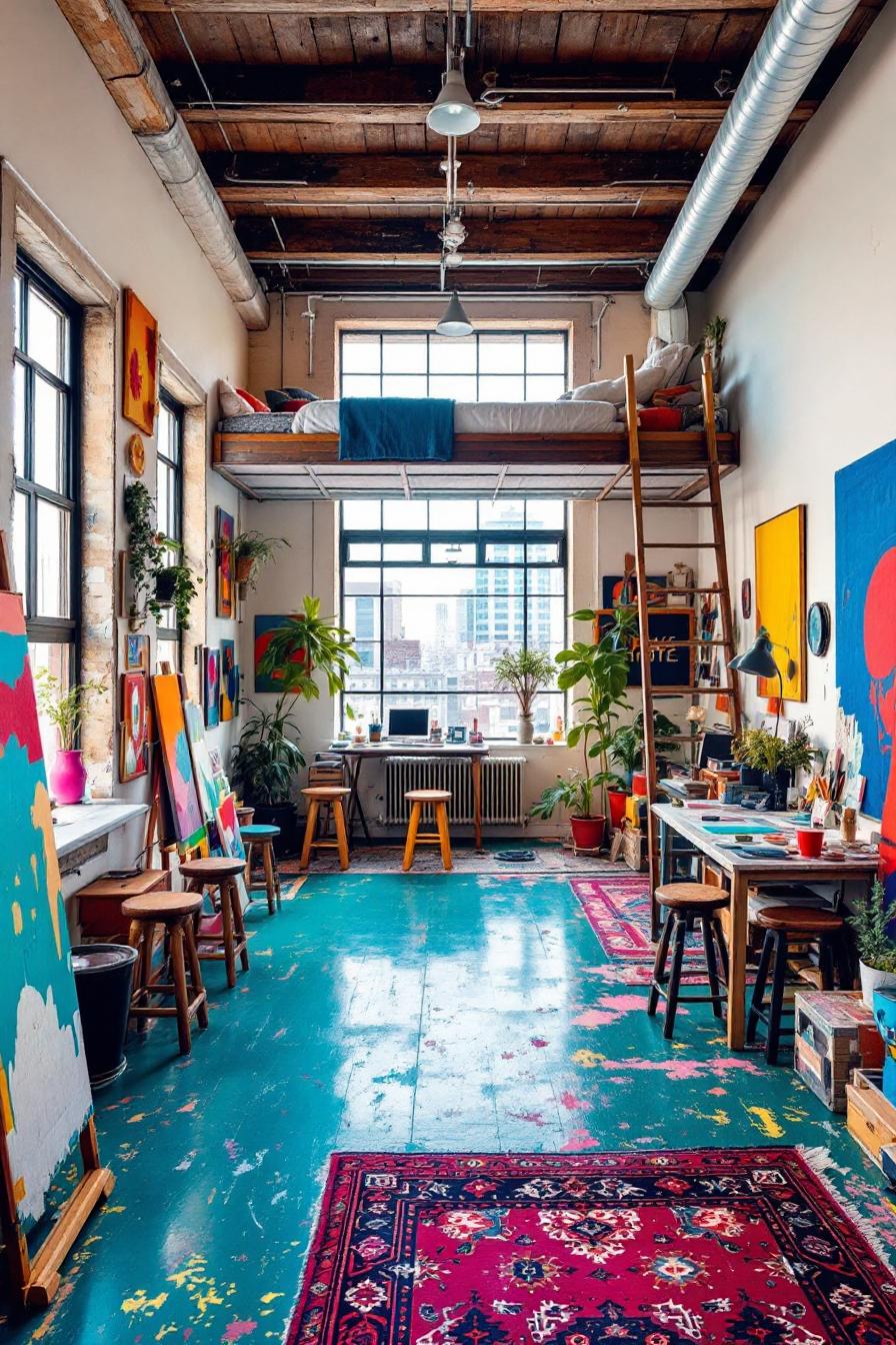 Art-filled loft space with vibrant colors and cozy nooks