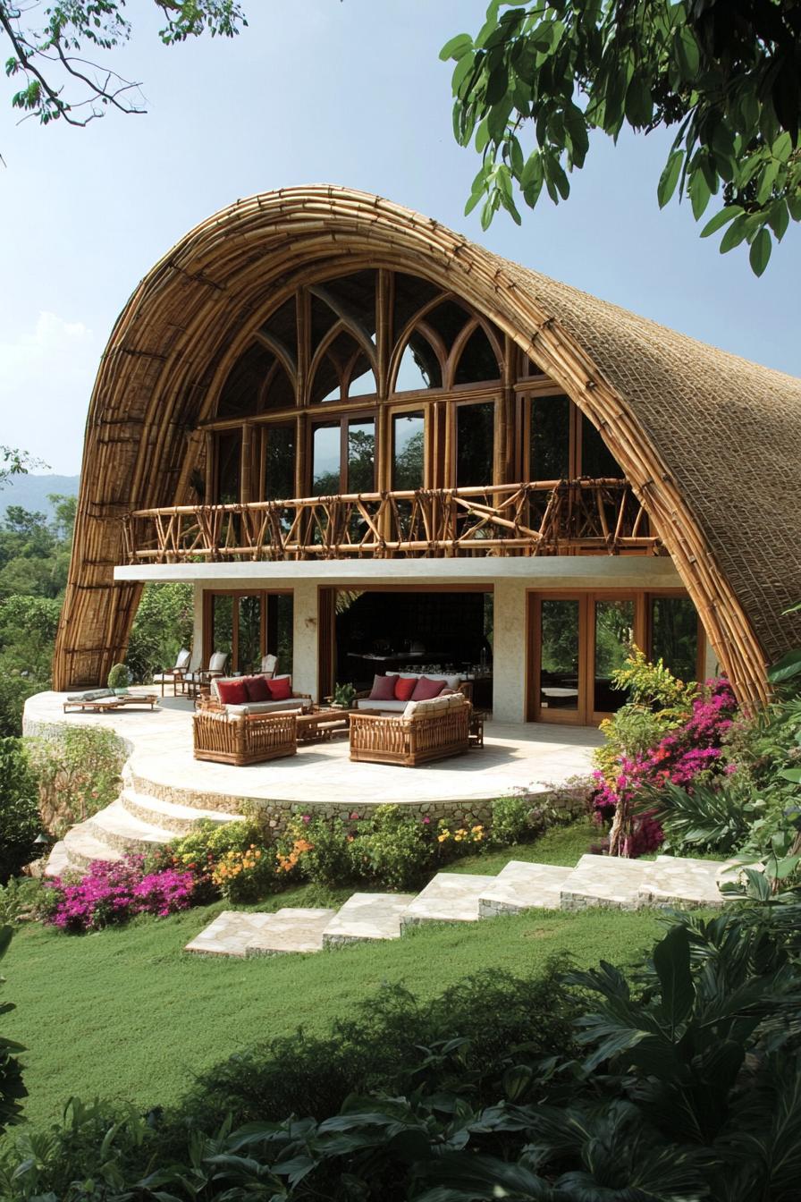 Bamboo house with arched roof and open terrace