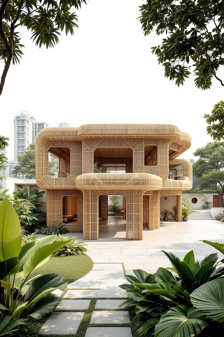 Bamboo house with intricate design, surrounded by lush greenery