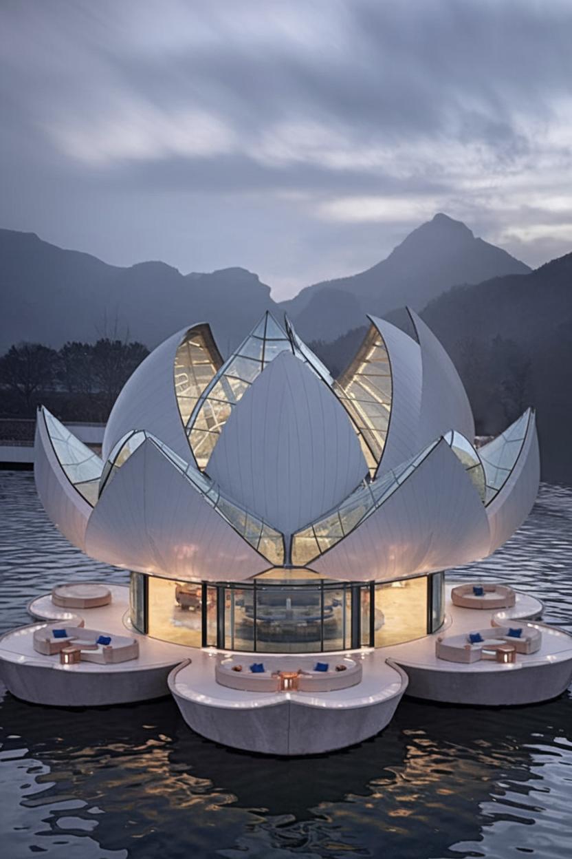 A futuristic structure resembling a giant lotus on water