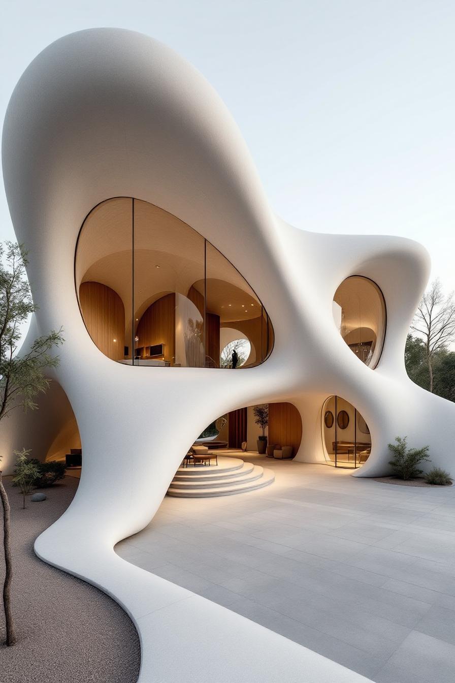 Organic-shaped house with large curvy windows and white exterior