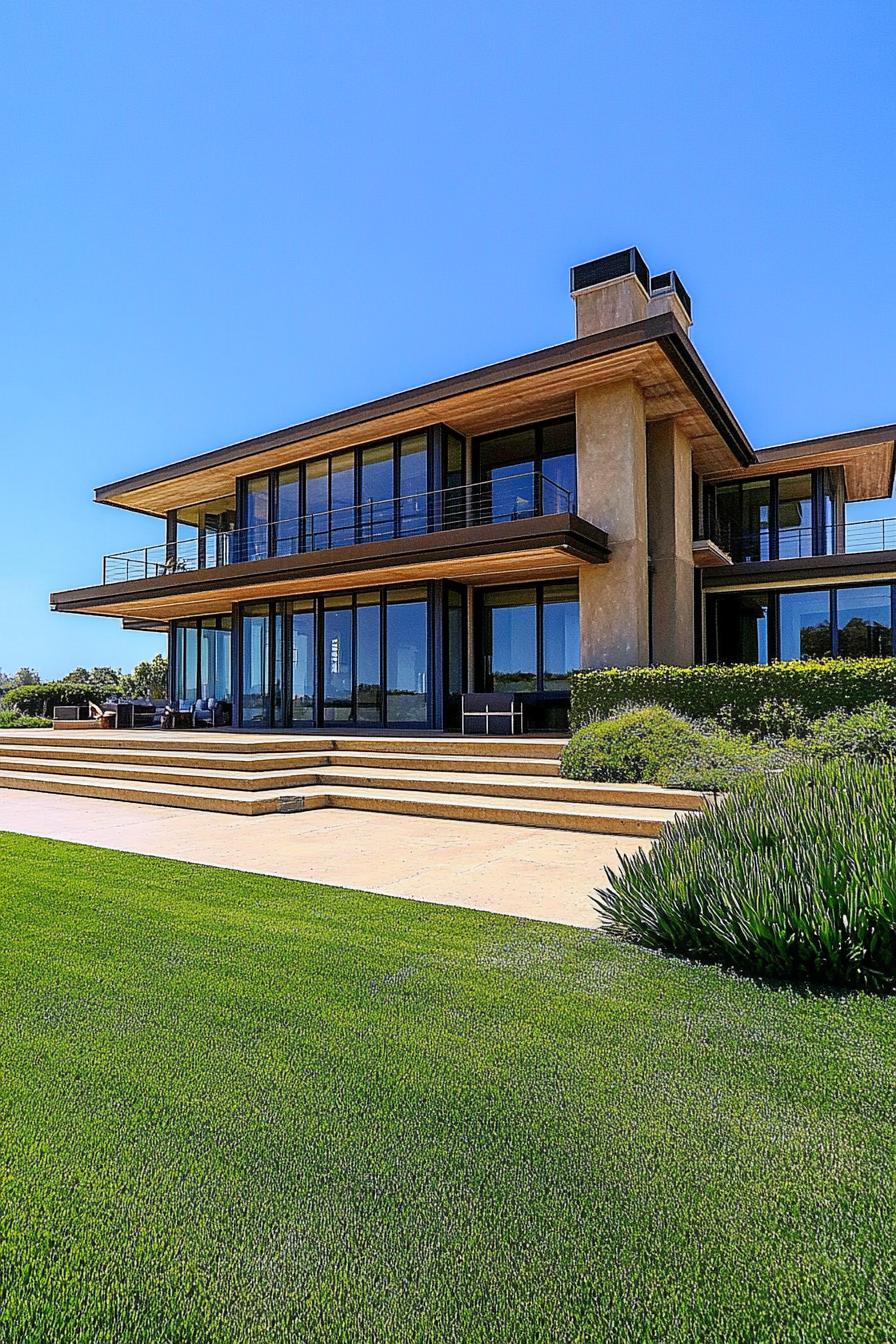 Modern mansion with large windows and lush lawn