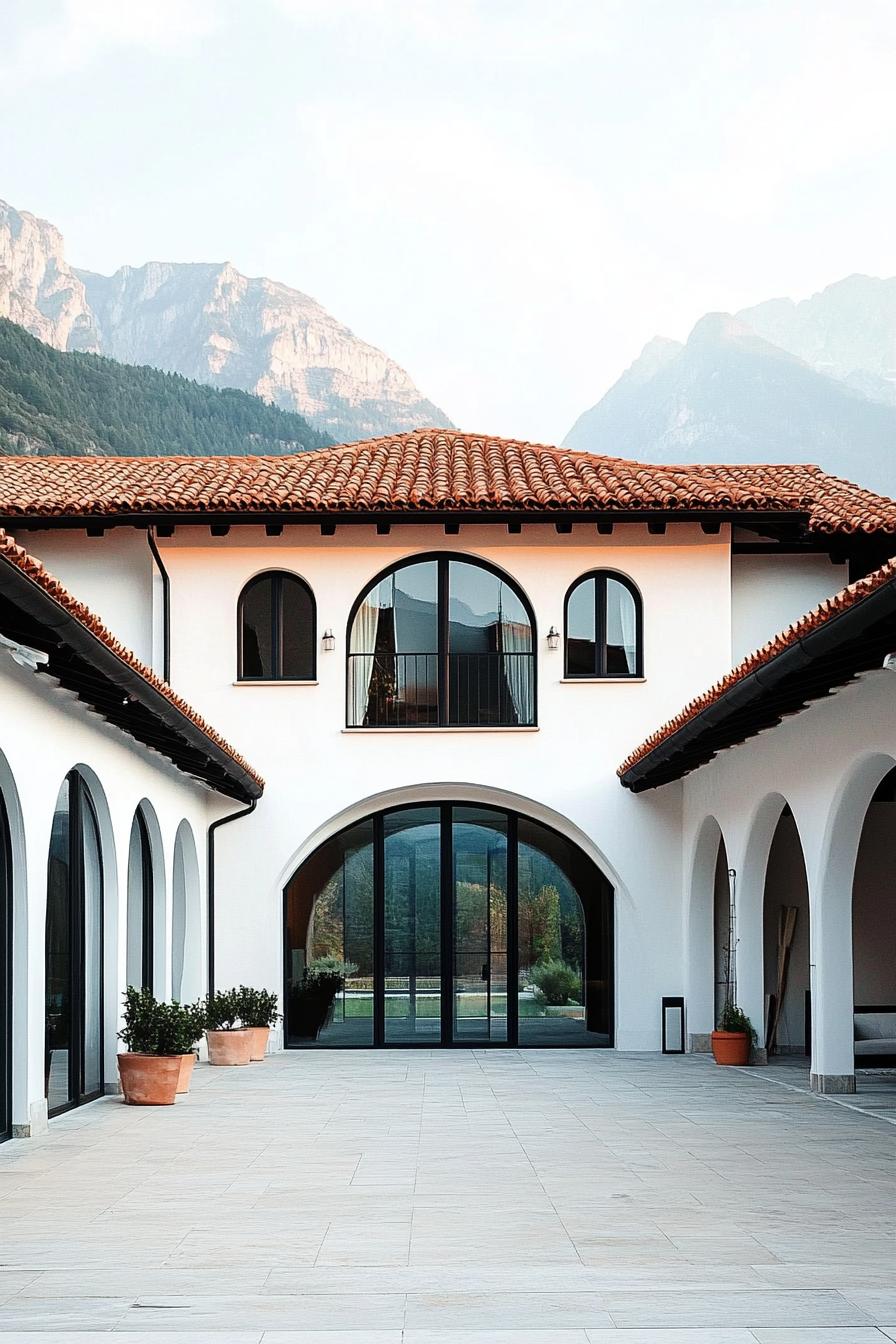 Scenic villa courtyard with arched windows