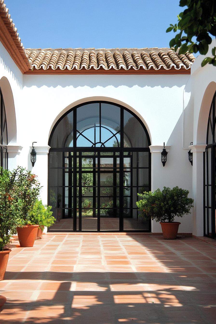 Bright courtyard with terracotta tiles and archway