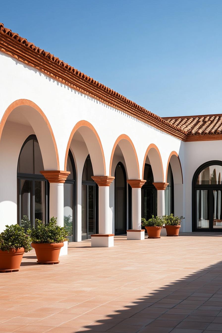 Terracotta arches of a Spanish villa basking in sunlight