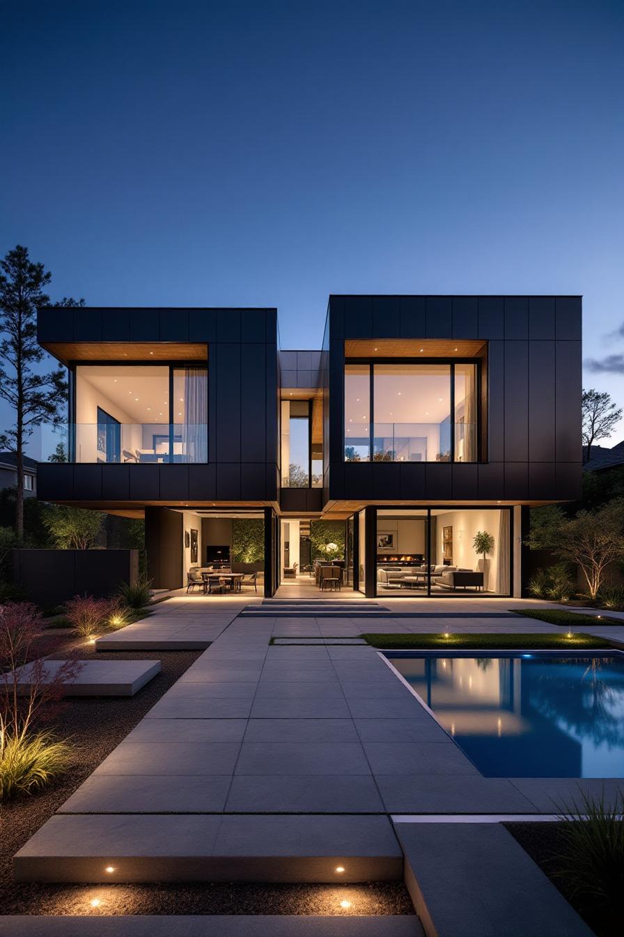 Modern house with large windows, lit up at dusk