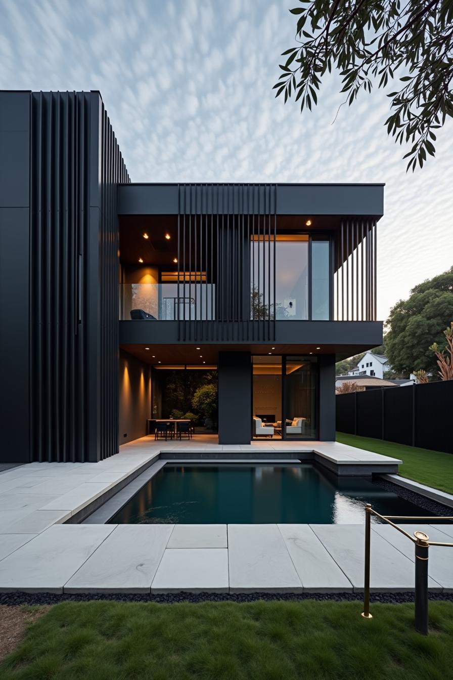 Sleek black house with pool and grass