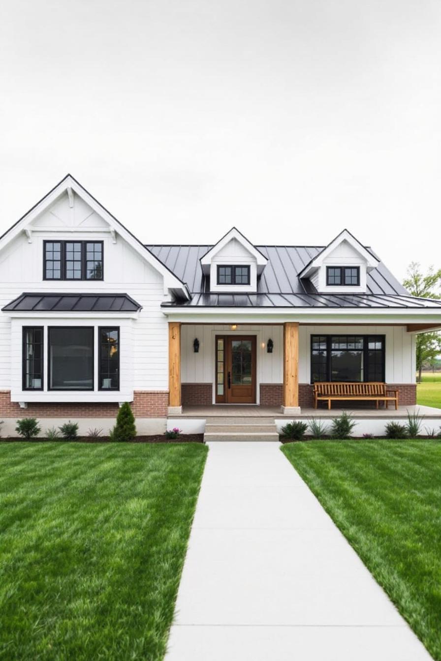 Chic farmhouse with a gabled roof and welcoming porch