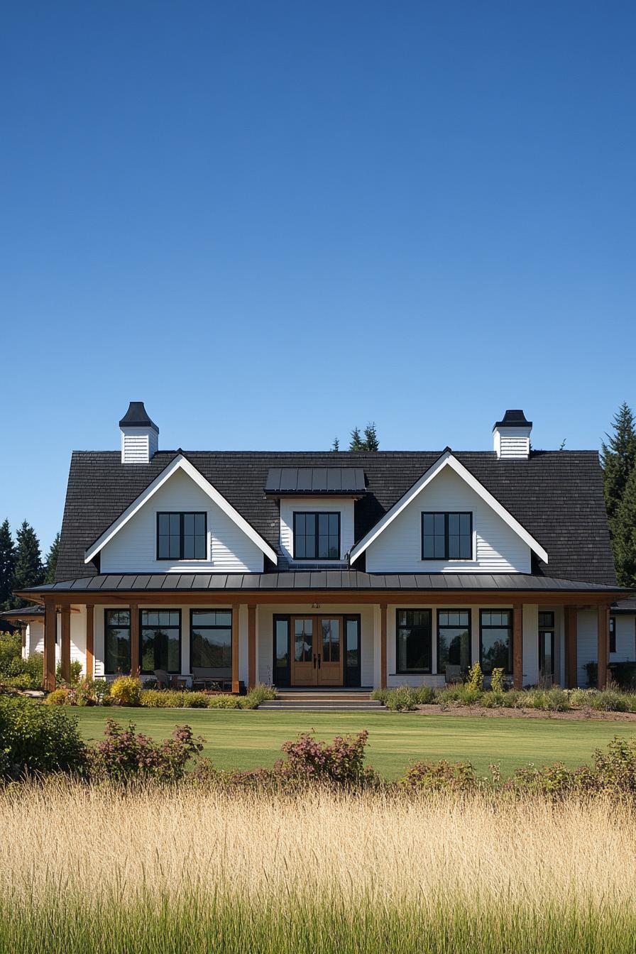 Charming farmhouse with gabled roof and lush surroundings