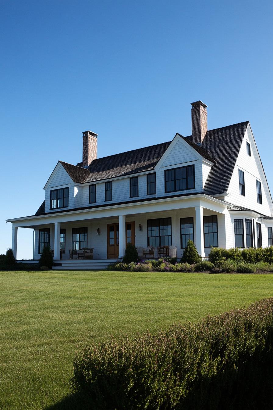 Classic farmhouse with two chimneys and manicured lawn