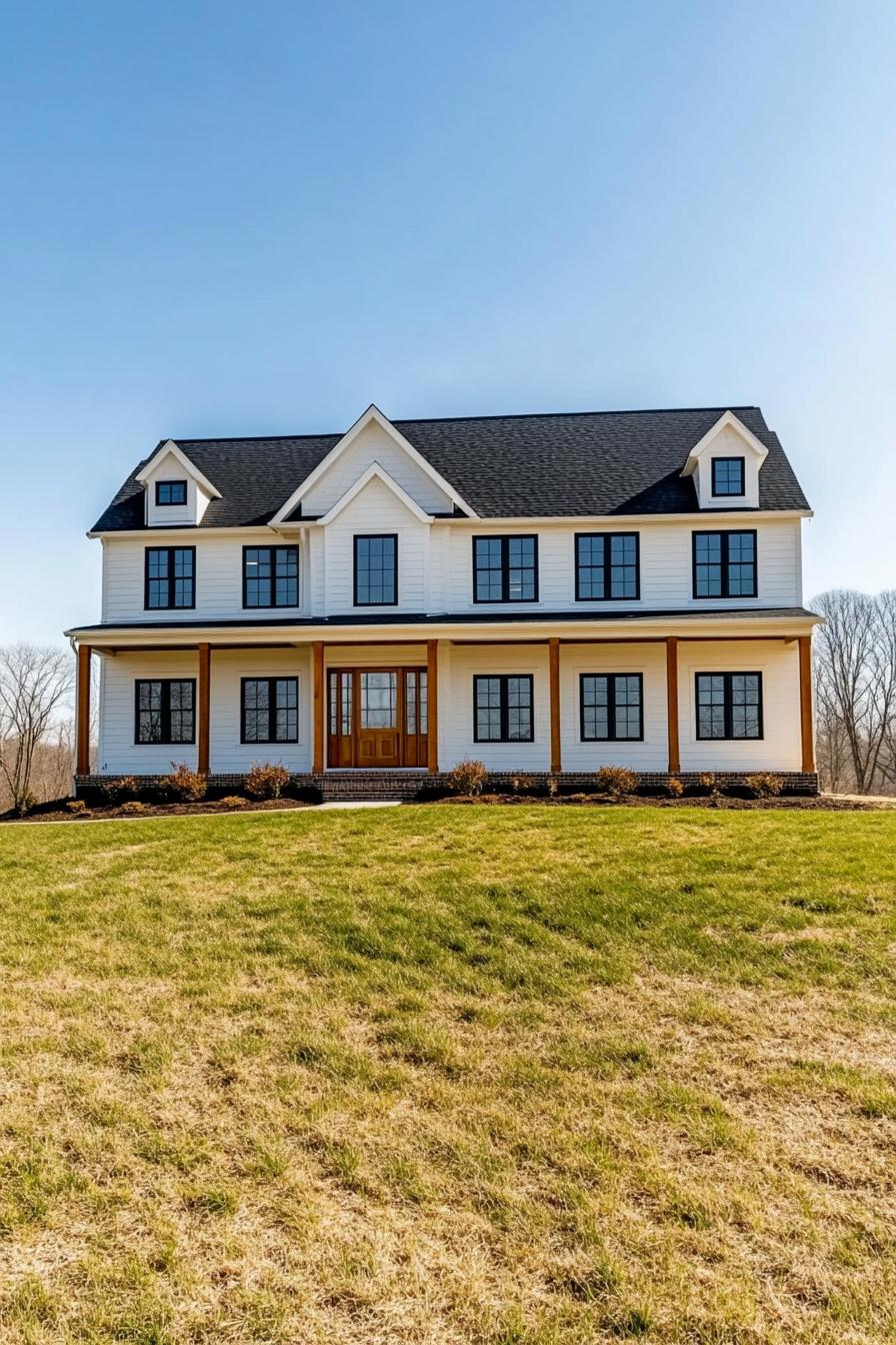 White farmhouse with black accents and a large front lawn