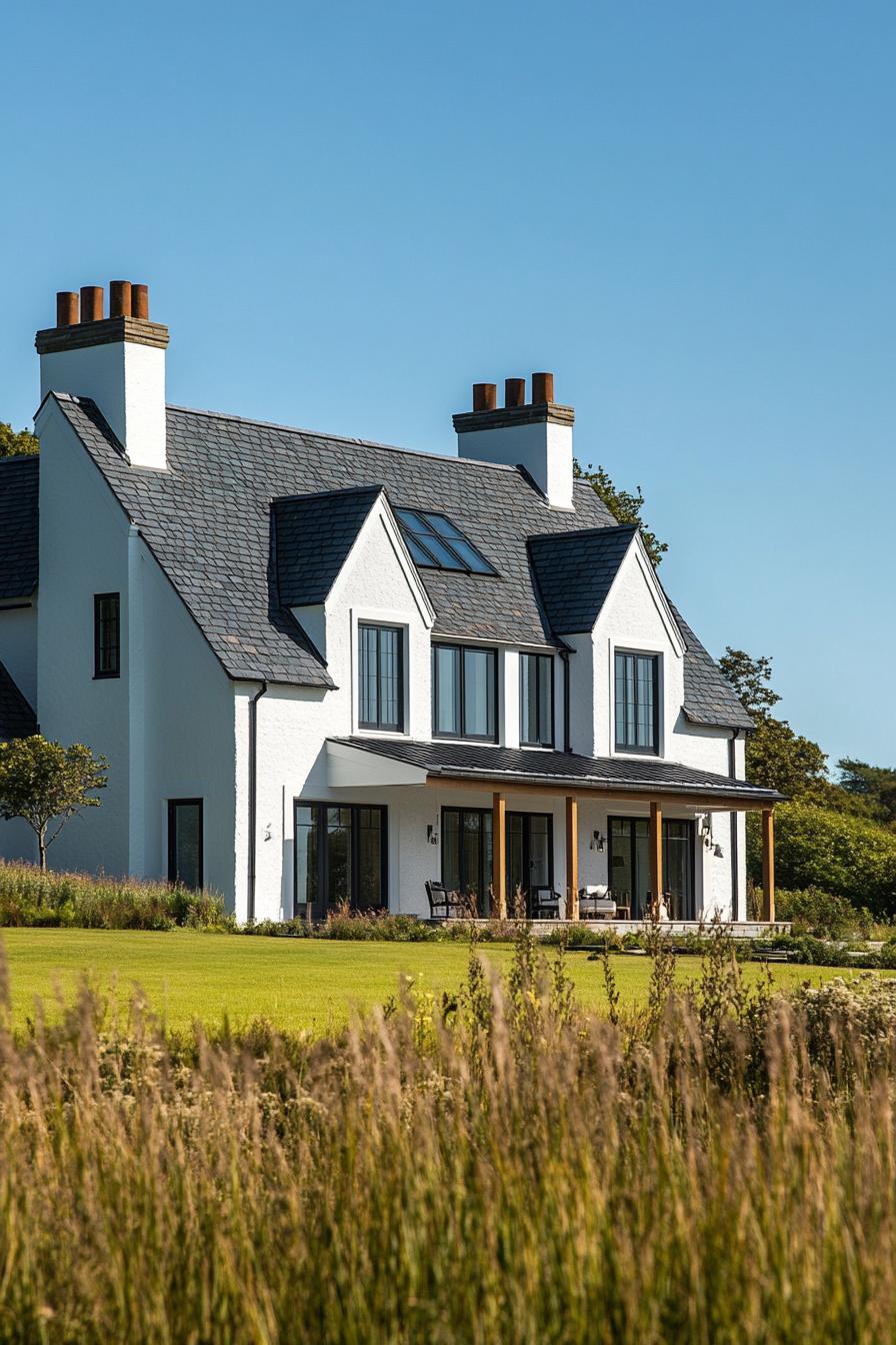 White farmhouse with large windows and a gabled roof