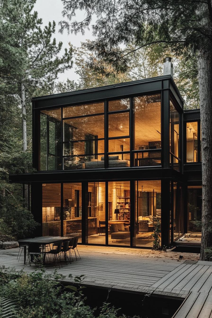 Two-story glass and steel house surrounded by forest