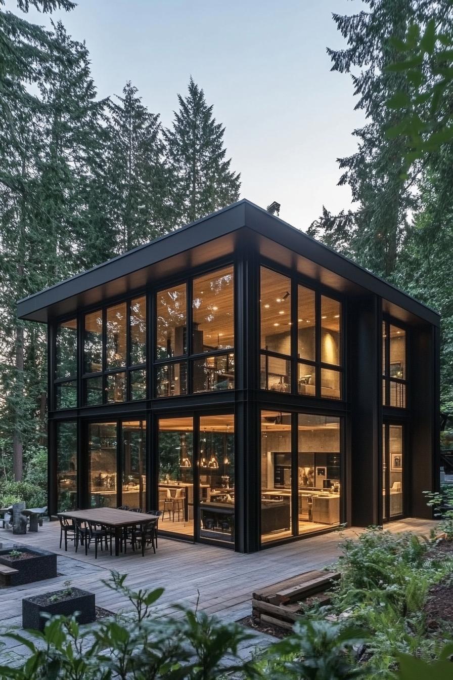 Modern glass house surrounded by tall trees