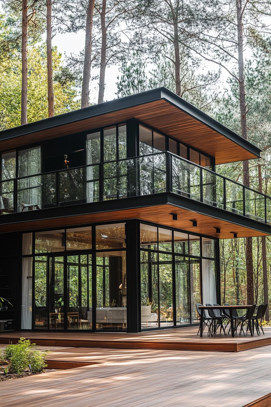 Modern two-story house with glass walls surrounded by tall trees