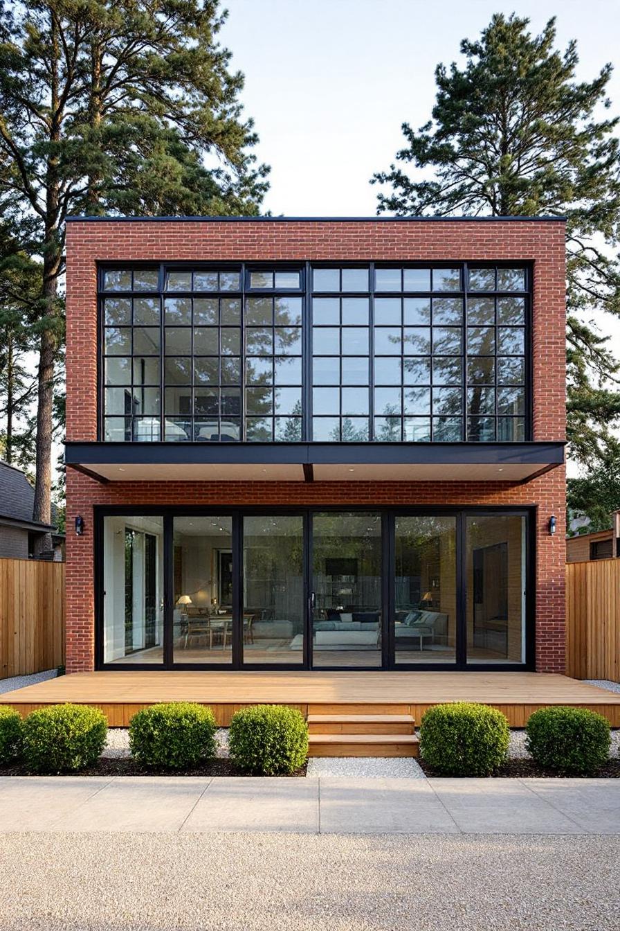 Modern rectangular house with large glass windows and brick exterior