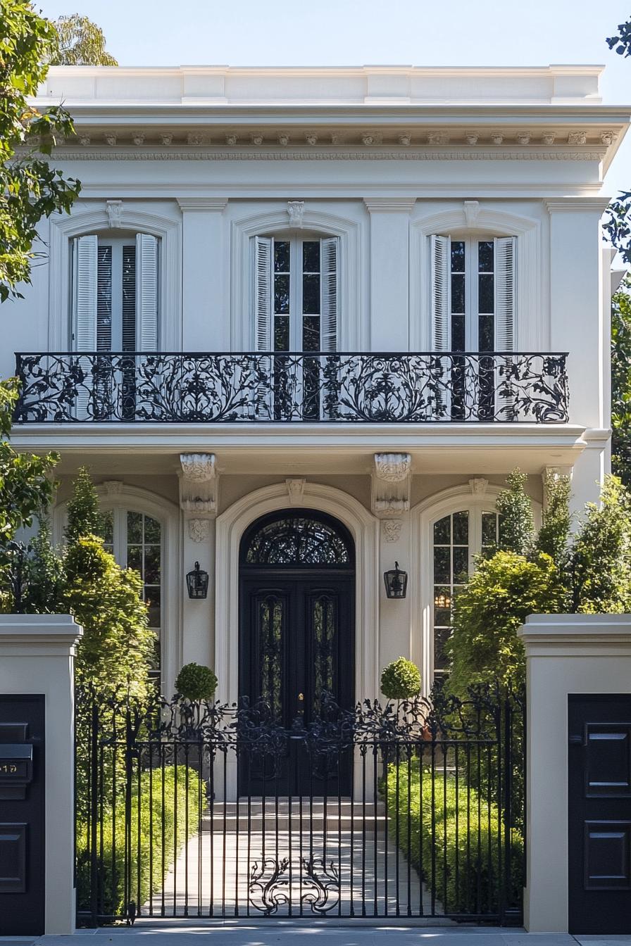 Ornate black iron gate and balcony railing on a white Victorian house