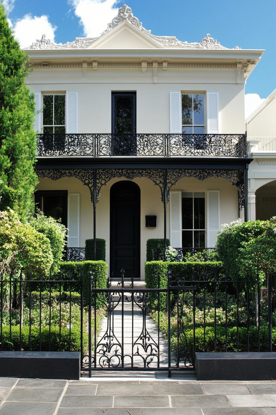 Victorian house with ornate ironwork and lush garden