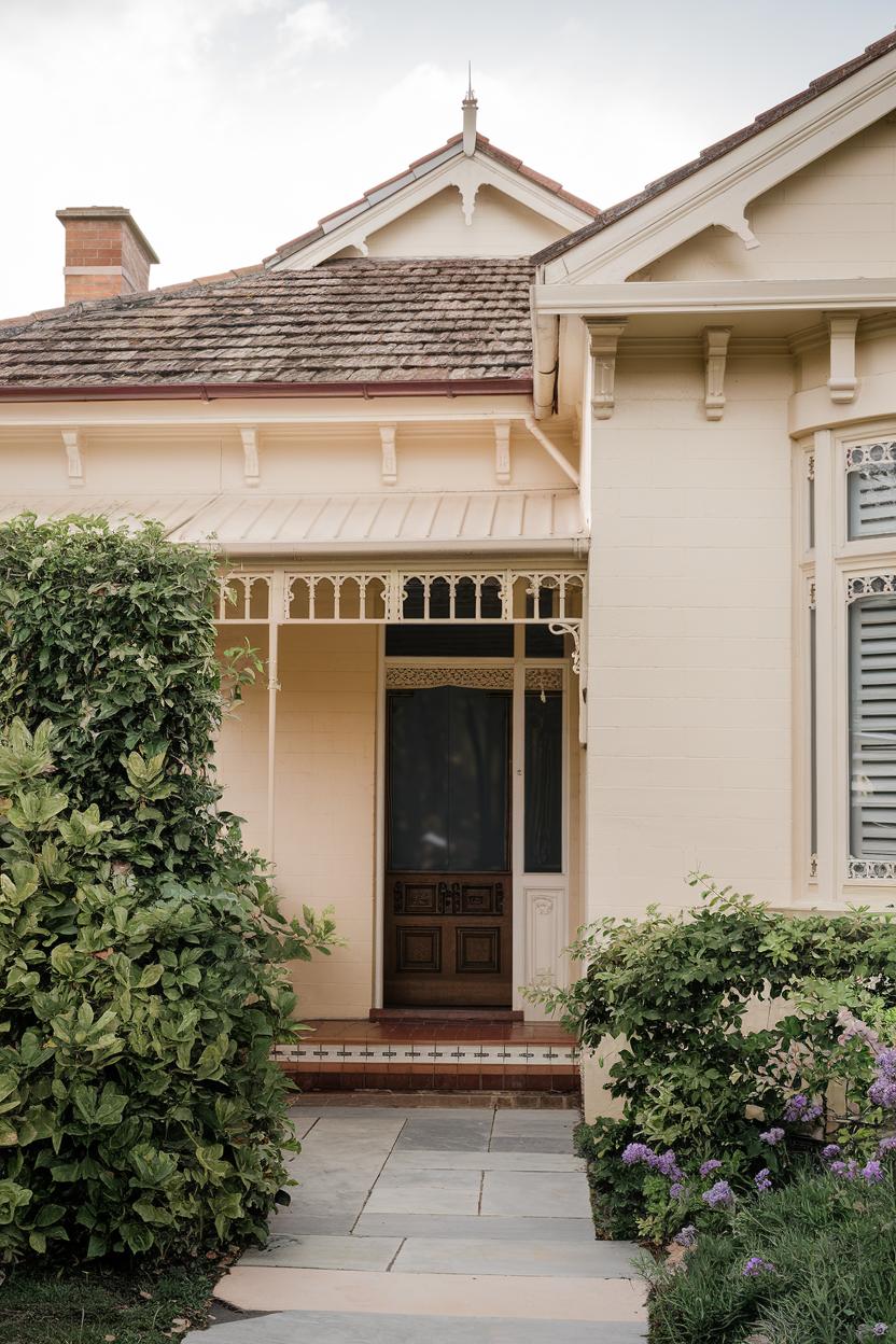 Victorian house with ornate entry and lush greenery