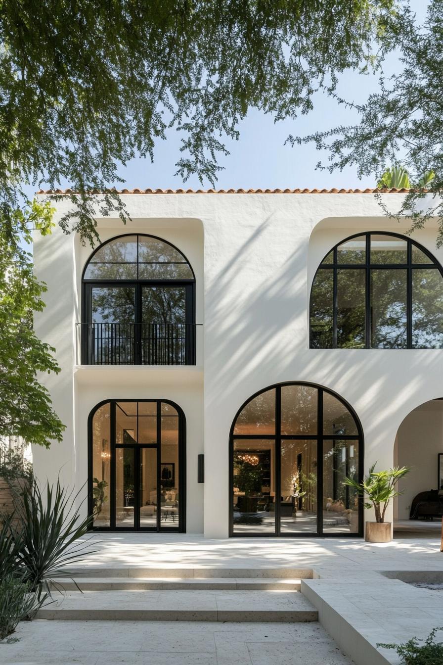 Modern house with elegant arches and lush greenery