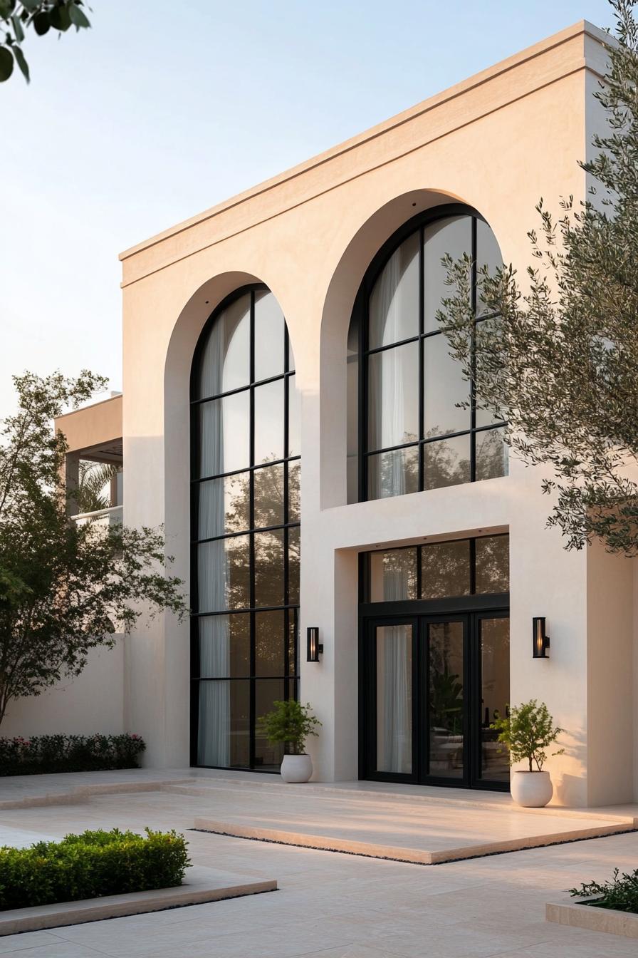 Contemporary house with large arched windows and sleek design