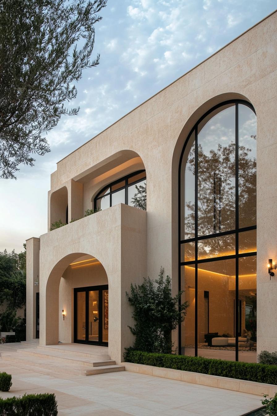 Elegant house with grand arches and olive tree