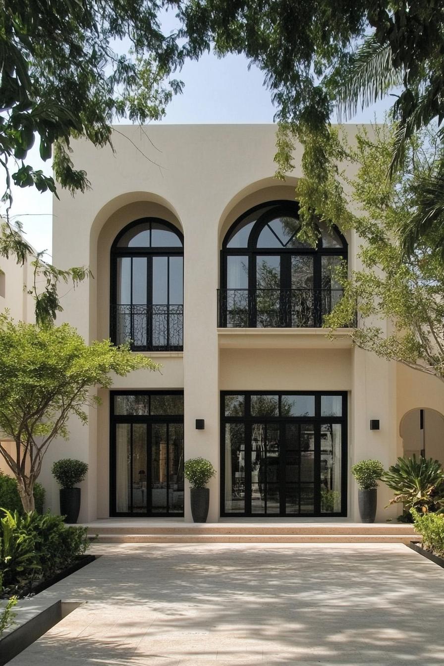 Stylish house with arched windows surrounded by greenery