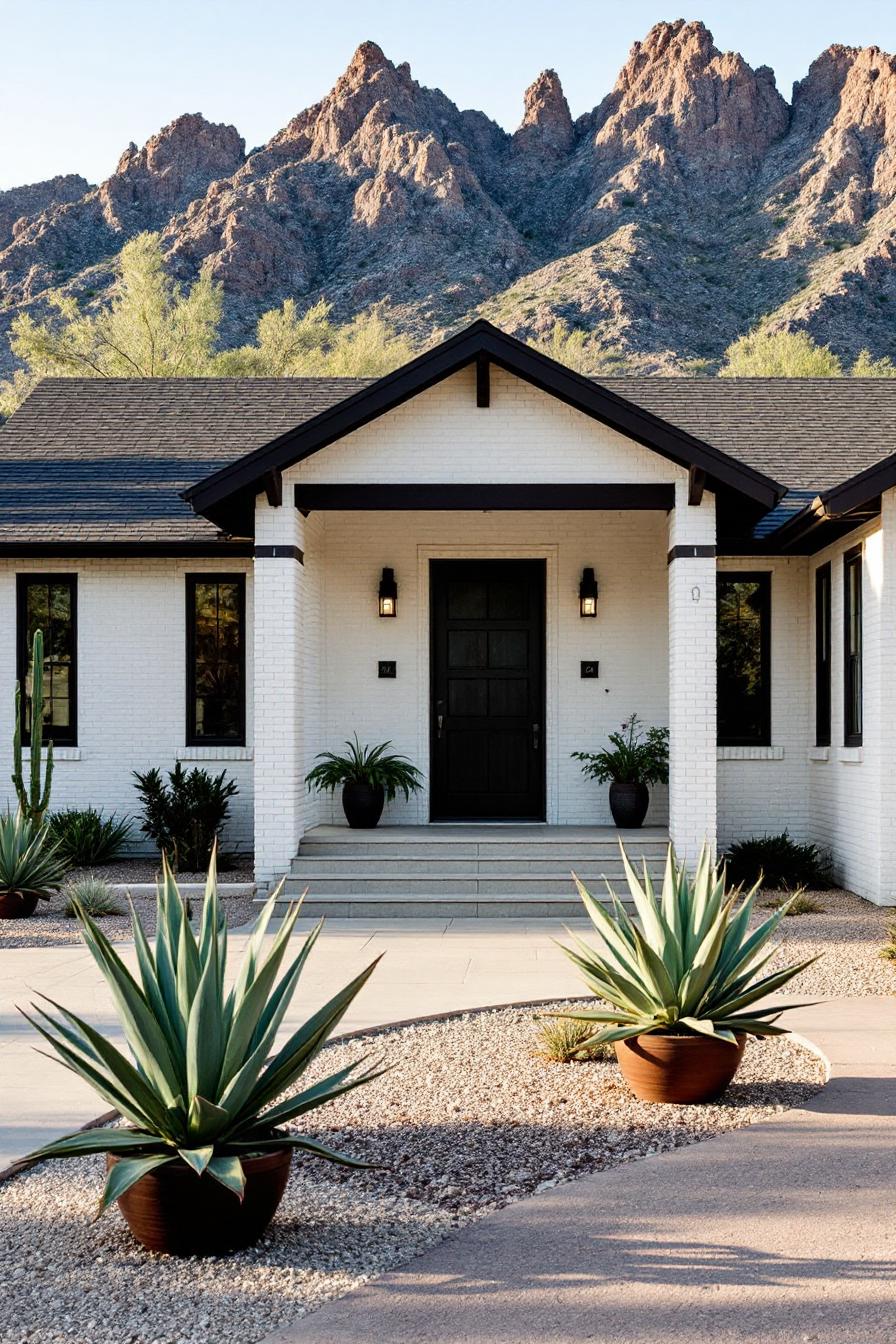 Front view of a white house with desert landscaping and mountain backdrop