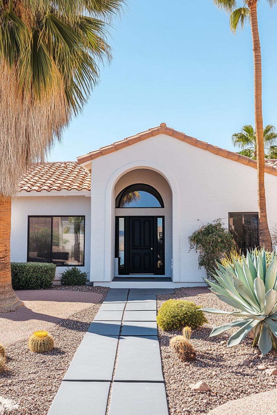 Desert house with archway and palm trees