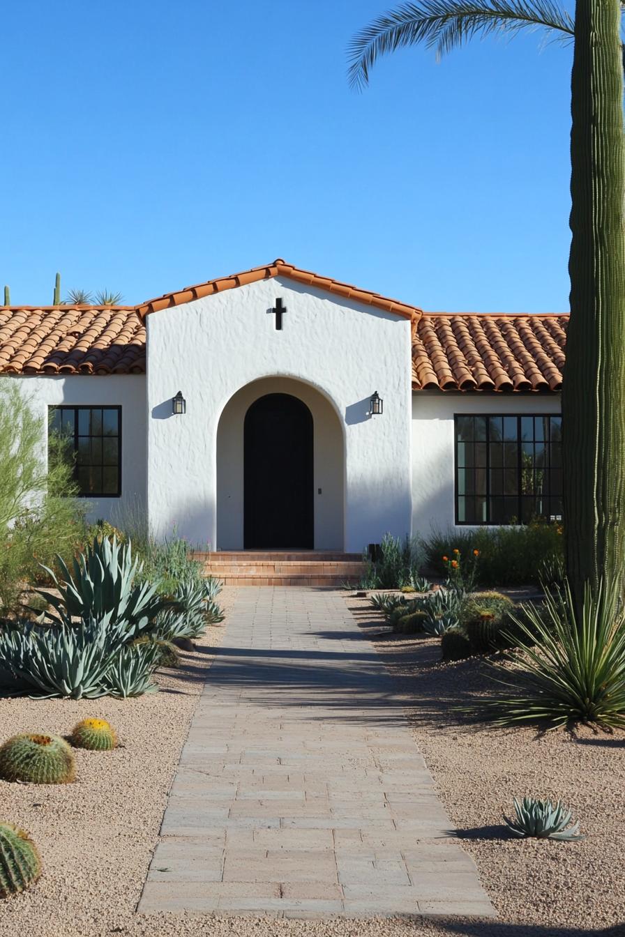 White stucco home with terracotta roof tiles and desert landscaping