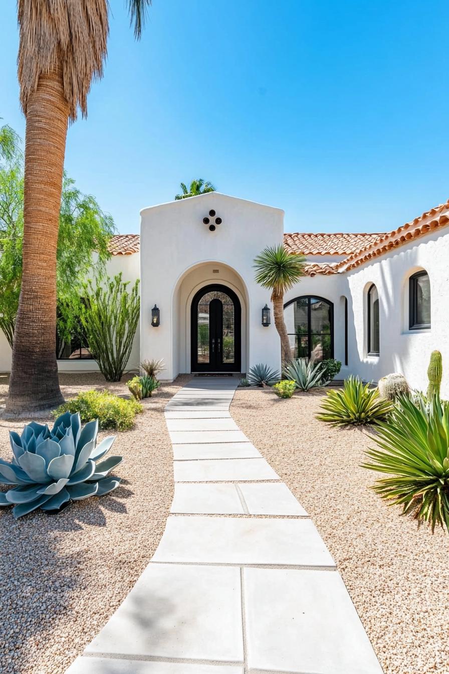 Modern desert home with white stucco and arched doorway